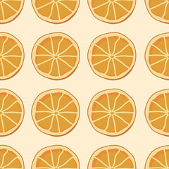 Seamless pattern with oranges on a beige background. Citrus slices. For wallpaper, decor, invitations, fabric, textiles and printing, web page backgrounds, gift and packaging paper.