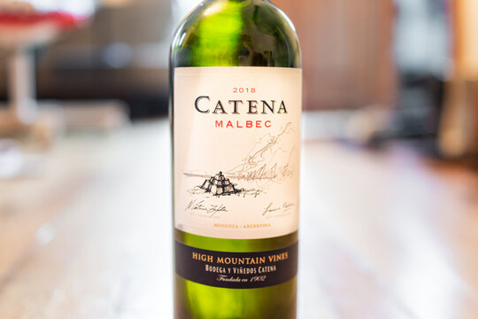 Miami Beach, USA - January 22, 2021: One bottle of 2018 vintage Catena Malbec red Argentinian wine from high mountain vines of Bodega Catena Zapata at Mendoza region