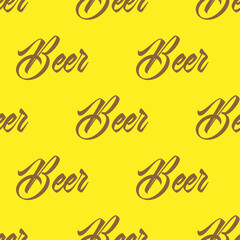 Beer seamless pattern with calligraphy text on yellow backdrop.