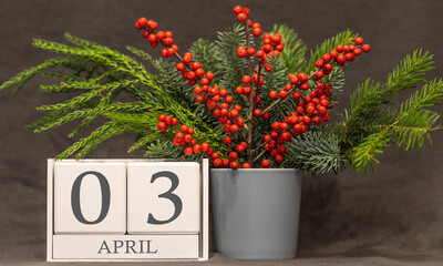 Memory and important date April 3, desk calendar - spring season.