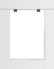 Blank white A4 paper hanging on binder clips with shadow. Empty poster layout in the gallery. Jpeg mock up illustration. Vertical template sheet isolated on a gray background