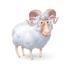 Ram with Curls and Horns. Funny Sheep or Ram on White Background. Cartoon Illustration for Funny Animals for Kids Book