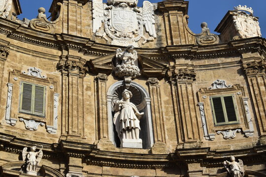 Statue in Quattro Canti, officially known as Piazza Vigliena, is a Baroque square in Palermo