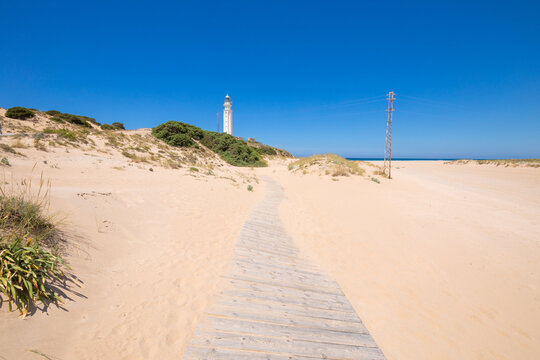 wooden footpath on beach sand in nature to the lighthouse of Cape Trafalgar, in Canos Meca village (Barbate, Cadiz, Andalusia, Spain), blue sky.

