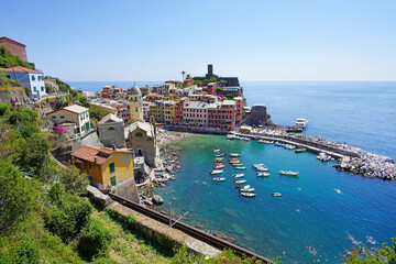 Aerial view of Vernazza village in summer in the Cinque Terre, Italy