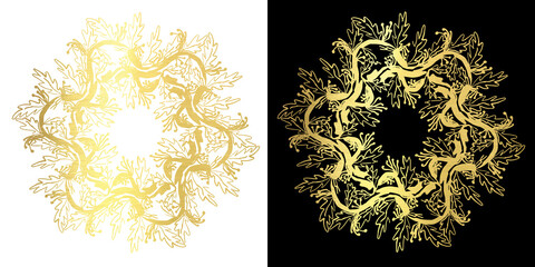 golden wreaths of branches with leaves on a black and white background. Vector isolated contour decorative wavy wreath for frame wedding invitations and greeting cards