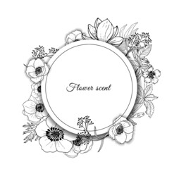 Monochrome wreath with tropical flowers and leaves. Round frame with place for text. Monochrome magnolia, cherry, cherry on a white background. Vintage vector postcard.