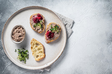Toasts with chicken rillettes pate on white bread with sprouts. White background. Top View. Copy...