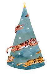 New Year illustration with Christmas tree and tigers. Year of the tiger. 2022 new year. Postcard design - 454816540