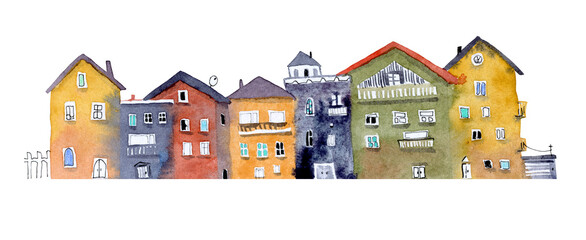 Houses illustration. Street view with colourful houses.  - 454816574