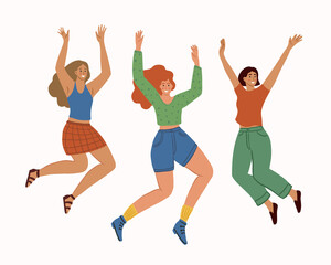 Fototapeta na wymiar Group of smiling jumping girls. Young happy women celebrating success. Women dancing. Isolated on white background. Cartoon flat style vector illustration