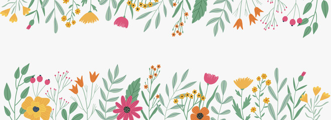 Floral botanical border or backdrop with colorful  flowers and leaves. Banner or postcard template. Vector illustration