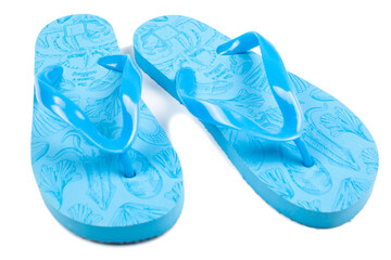 blue rubber beach flip flops on a white background, isolate