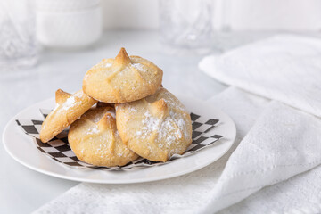 Chocolate filled shortbread cookies in a white kitchen
