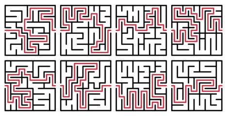 Abstract maze. Find right way. Isolated simple square maze black line on white background. Vector illustration.