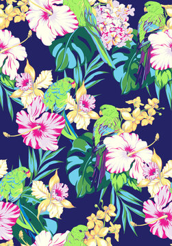Summer tropical flowers digital pattern. Parrots, pink hibiscus, yellow orchids, tropical leaves on black background. Floral pattern for textile or wallpaper. 