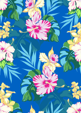 Summer tropical flowers digital pattern. Parrots, pink hibiscus, yellow orchids, tropical leaves on black background. Floral pattern for textile or wallpaper. 