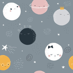 Seamless pattern with cute planets and moon. Childish monochrome print. Vector hand drawn illustration.