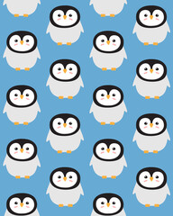 Vector seamless pattern of hand drawn doodle flat cartoon penguin isolated on blue background