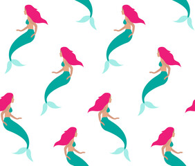 Vector seamless pattern of flat cartoon mermaid isolated on white background