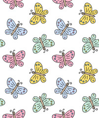 Vector seamless pattern of different color hand drawn doodle sketch butterfly butter fly isolated on white background