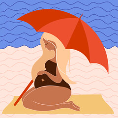 A pregnant woman is expecting a child. We are sunbathing on the beach. The future mother. Beach sand. Illustration, vector.