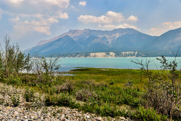 Landscapes along the shores of Abraham Lake and the South Saskatchewan River in the Canadian Rocky Mountains