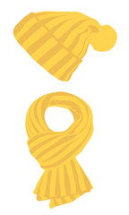 Vector design in flat style with warm knitted hat and scarf. Clothes for the cold season. Seasons - Autumn, Spring, Summer. New Year's and Christmas.