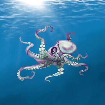 watercolor octopus swimming in the sea. Purple octopus 