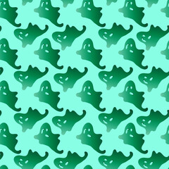 Hand drawn seamless Halloween pattern. Green ghosts on a blue background. Vector illustration.   