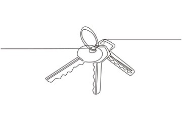 Single one line drawing keys on white background. House apartment rental for sale concept. Concept of privacy, security and protection. Modern continuous line draw design graphic vector illustration