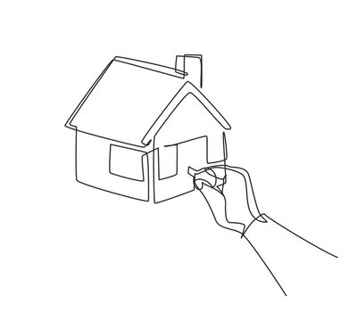 recommend clip art: Single one line drawing insert key into keyhole house. Open the doors. Real Estate concept, template for sales, rental, advertising. Sign on home. Modern continuous line draw design graphic vector