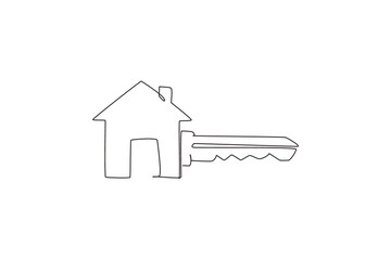 Single continuous line drawing elegant key house logo design, real estate logo icon symbol design vector template. Real estate, key, house. Dynamic one line draw graphic design vector illustration