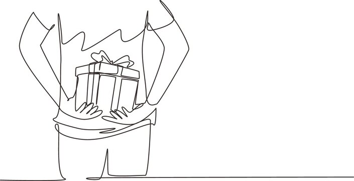 Single continuous line drawing man surprise his girlfriend by giving gift, romantic surprise. Birthday presents cardboard box with ribbon bow. Dynamic one line draw graphic design vector illustration