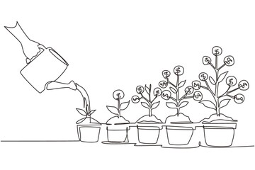 Continuous one line drawing hand with can watering money plant in pot. Step of coins stacks, money saving and investment or family planning concept. Single line draw design vector graphic illustration