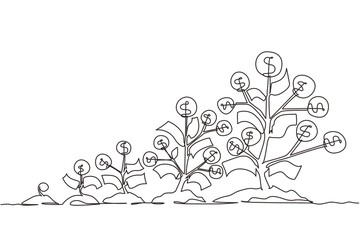 Single one line drawing sprouts, plants, money trees growing icon. Step of coins stacks, money, saving and investment or family planning. Modern continuous line draw design graphic vector illustration