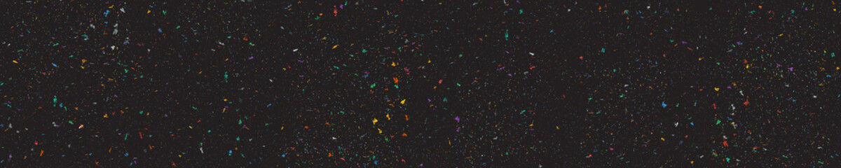 Dark panorama of multicolored particles or confetti on black background. Abstract splashes of paint for wallpaper.
