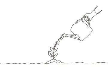 Single continuous line drawing hand holding watering can watering plant at ground. Earth day save environment concept. Growing seedling forester planting. Dynamic one line draw graphic design vector