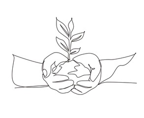 Single continuous line drawing hands holding plant in soil on white background. Environment earth day in the hands of trees growing seedlings. Dynamic one line draw graphic design vector illustration