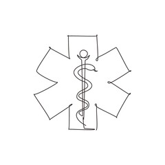 Continuous one line drawing medical snake health symbol. Medicine system and health care concept. Medical icon. Medicine logo for paramedic staff. Single line draw design vector graphic illustration