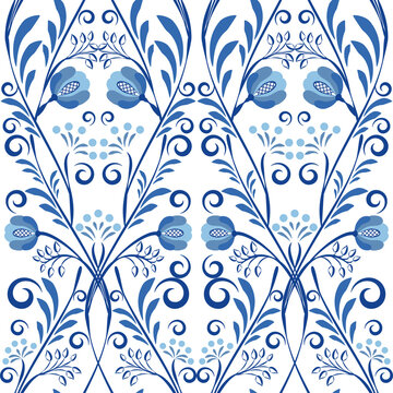 Ornamental Floral Seamless pattern for design in the style of ethnic porcelain painting. Blue minimalis flowers, curls and leaves on a white background