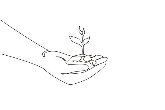 Continuous one line drawing close up image of human hands holding sprout. Hand holding tree on nature field grass forest conservation concept. Single line draw design vector graphic illustration