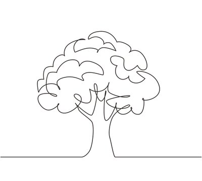 Continuous one line drawing green tree fertile on white background, trees for decorating gardens, park, forest. Agriculture. Earth day, ecology. Single line draw design vector graphic illustration