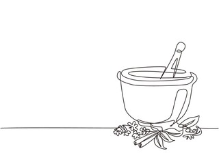 Single continuous line drawing mortar and pestle vintage line drawing. Ayurvedic medicine bowl. Herbal medicine concept. Isolated. Flat style. Dynamic one line draw graphic design vector illustration