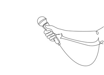 Single continuous line drawing female hand with microphone, on white background. Reporter television tv news holding microphone in her hand. Dynamic one line draw graphic design vector illustration - obrazy, fototapety, plakaty