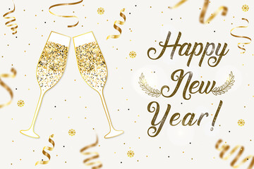 Banner for the new year. Glasses with champagne, sparkles, confetti, snowflakes and the inscription Happy New Year