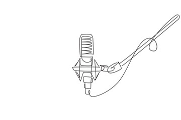 Continuous one line drawing microphone isolated with clipping path. Condenser mic for studio recording voice. Sound recording equipment concept. Single line draw design vector graphic illustration - obrazy, fototapety, plakaty
