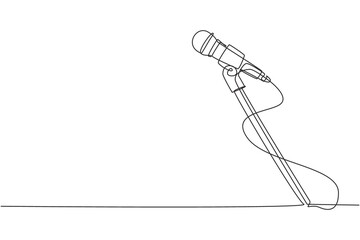 Single one line drawing stand with microphone on white background. Singer sing song with standing mic at music concert summer festival. Modern continuous line draw design graphic vector illustration - obrazy, fototapety, plakaty