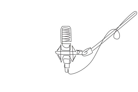 Continuous one line drawing microphone isolated with clipping path. Condenser mic for studio recording voice. Sound recording equipment concept. Single line draw design vector graphic illustration