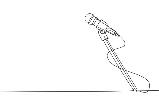 Single one line drawing stand with microphone on white background. Singer sing song with standing mic at music concert summer festival. Modern continuous line draw design graphic vector illustration